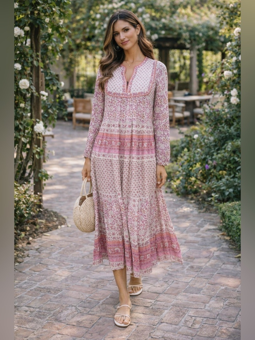 Matta Purple Tiered Boho Dress Bishop Sleeve XS Resort Maxi